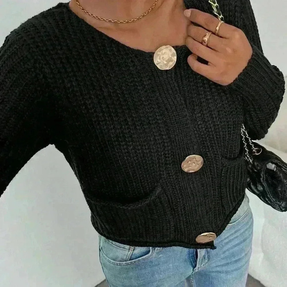 Black Casual Women's Crew Neck Front Button Up Long Sleeve Cardigan - Picture 3 of 5